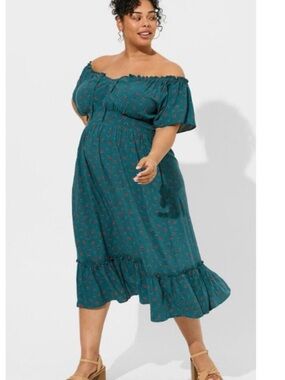 TORRID Tea Length Challis Off-Shoulder Dress: WILDFLOWER MANDALA Size 2